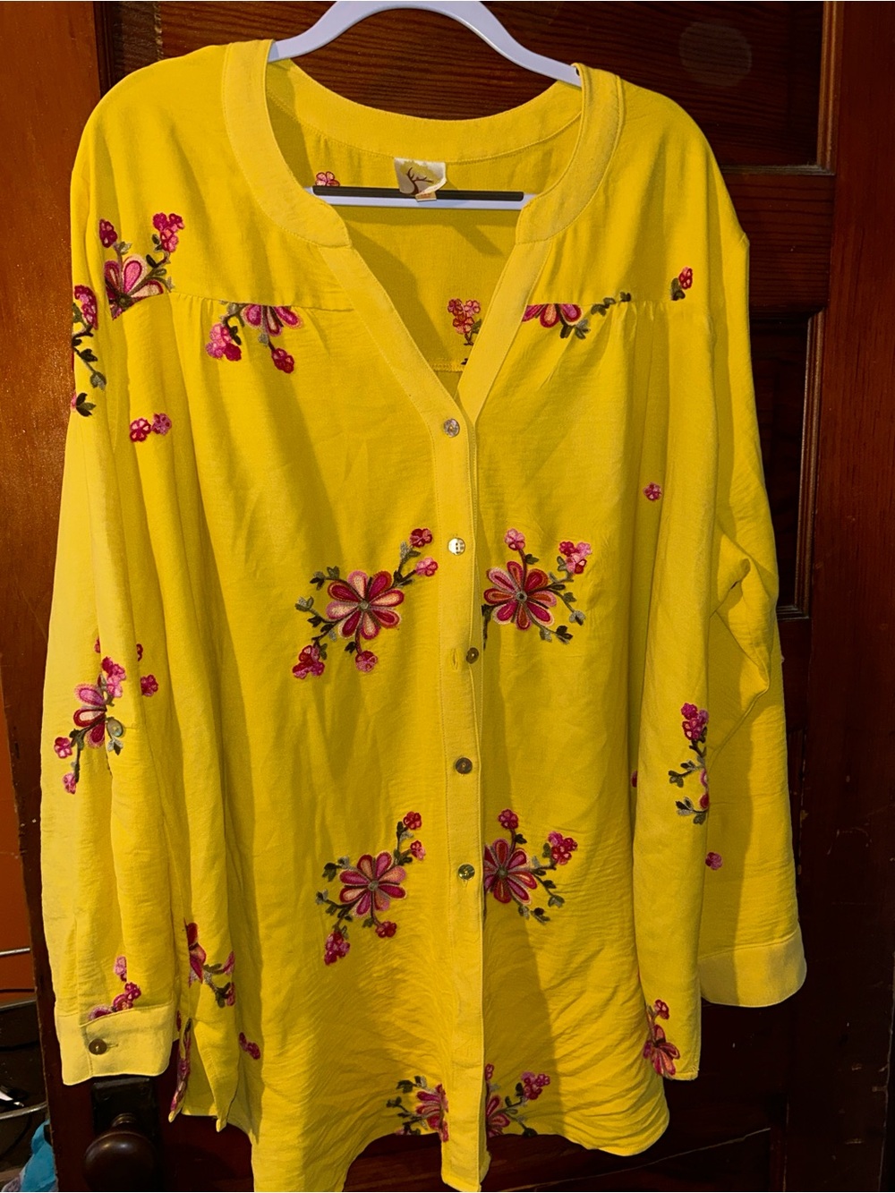 fig and flower Yellow Button-Down Top with Pink Floral Embroidery